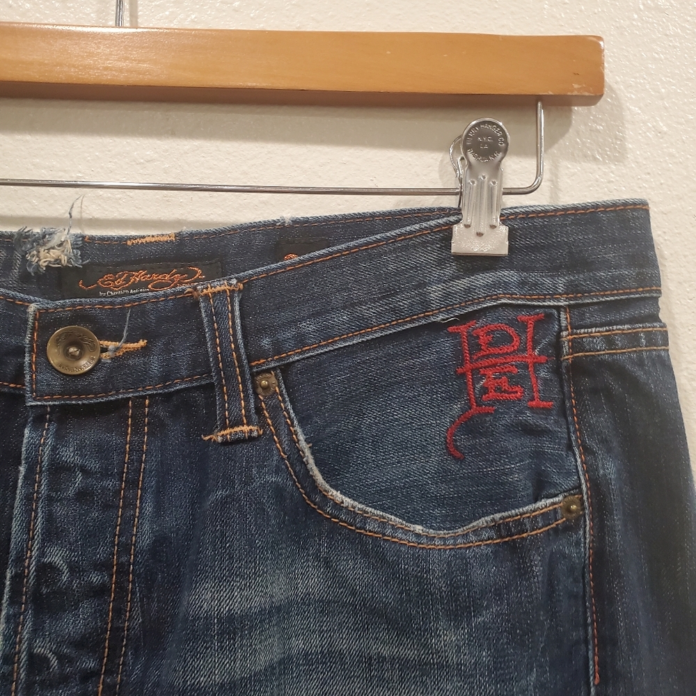 Ed Hardy Love Kills Slowly Embroidered Jeans W36 L34 Rare Distressed Denim Bling - Picture 8 of 8